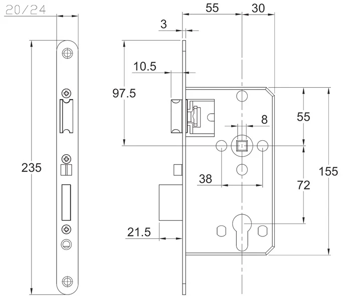 Schnegel Korridor-Einsteckschloss ( 3000259586 ) PZW 20/55/72/8 mm DIN links / rechts 008/1499/55