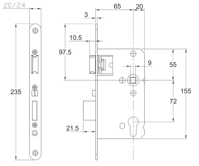 Schnegel Korridor-Einsteckschloss ( 3000259587 ) PZW 24/65/72/9 mm DIN links / rechts 008/1499/65