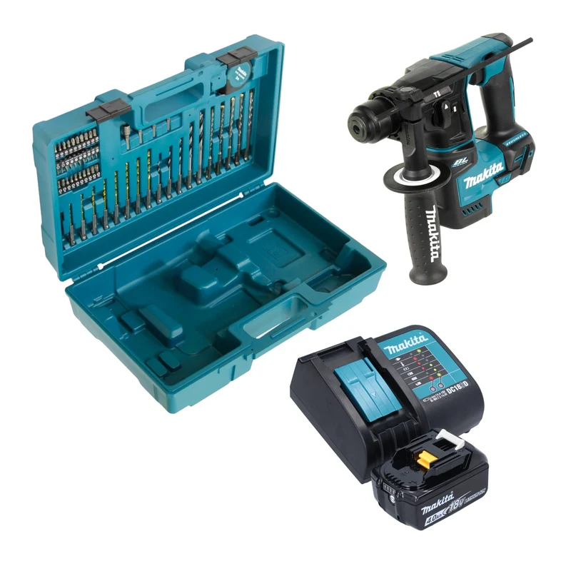 Makita DHR 171 SM1X3 Akku Bohrhammer 18 V 1,2 J SDS-Plus Brushless + 1x Akku 4,0 Ah + Ladegerät + 65 tlg. Zubehör Set + Koffer