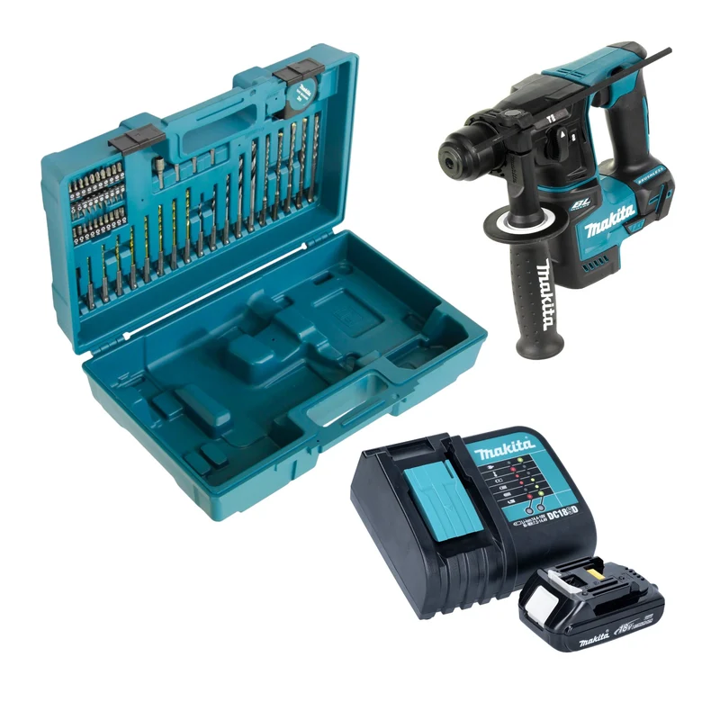 Makita DHR 171 SY1X3 Akku Bohrhammer 18 V 1,2 J SDS-Plus Brushless + 1x Akku 1,5 Ah + Ladegerät + 65 tlg. Zubehör Set + Koffer