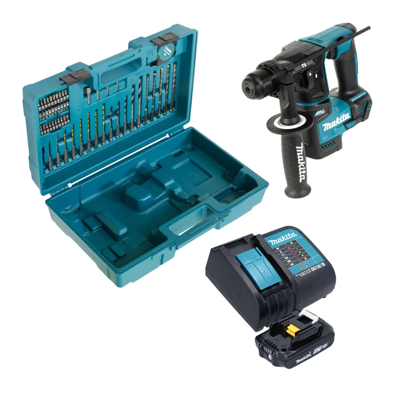 Makita DHR 171 SA1X3 Akku Bohrhammer 18 V 1,2 J SDS-Plus Brushless + 1x Akku 2,0 Ah + Ladegerät + 65 tlg. Zubehör Set + Koffer