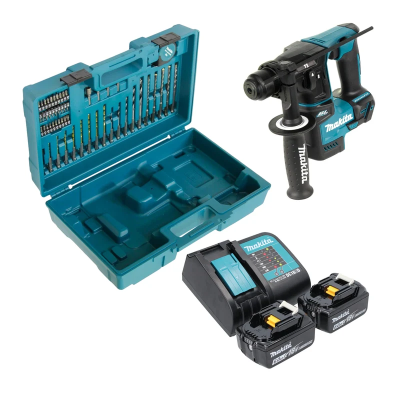 Makita DHR 171 SGX3 Akku Bohrhammer 18 V 1,2 J SDS-Plus Brushless + 2x Akku 6,0 Ah + Ladegerät + 65 tlg. Zubehör Set + Koffer