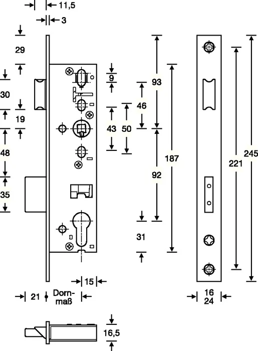 SSF Rohrrahmen-Einsteckschloss ( 3324024332 ) PZW 24/35/92/8 mm DIN links / rechts Riegelausschluss 21 mm 245 mm