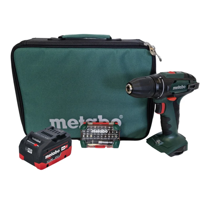 Metabo BS 18 Akku Bohrschrauber 18 V 48 Nm + 1x LiHD Akku 5,5 Ah + Bitbox + Tasche - ohne Ladegerät