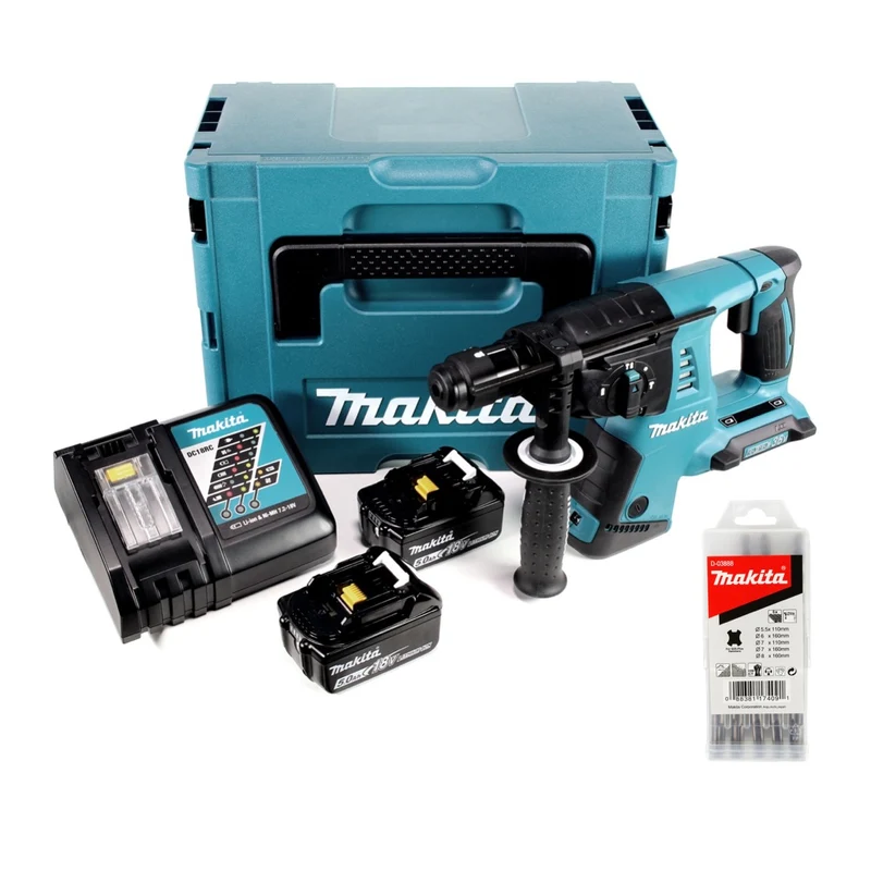 Makita DHR 264 2 x 18 V / 36 V Li-Ion SDS Plus Akku-Bohrhammer in Makpac 4 mit Einlage + 2 x BL 1850 B 18 V 5,0 Ah Li-Ion Akku + 1 x DC18RC Ladegerät + 5 tlg. Hartmetall Bohrer Set für Mauerwerk und Beton