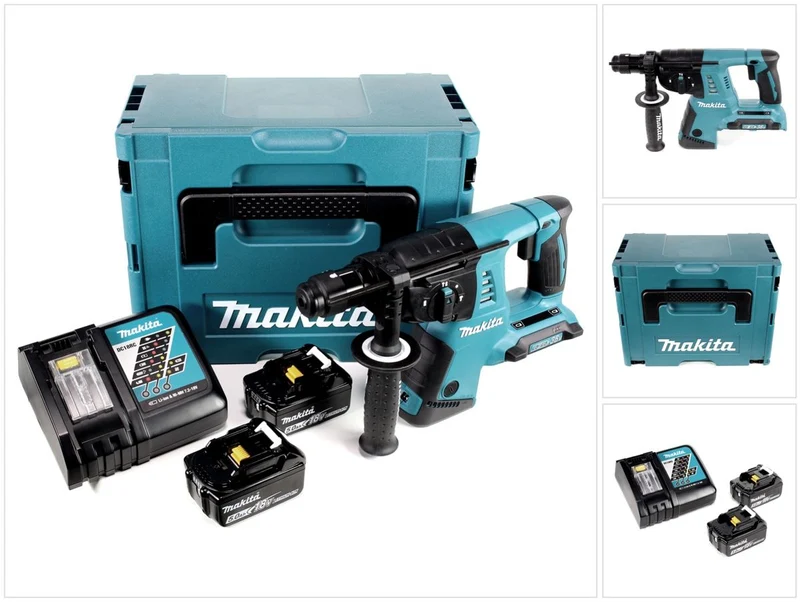 Makita DHR 264 2 x 18 V / 36 V Li-Ion SDS Plus Akku-Bohrhammer in Makpac 4 mit Einlage + 2 x BL 1850 B 18 V 5,0 Ah Li-Ion Akku + 1 x DC18RC Ladegerät + 5 tlg. Hartmetall Bohrer Set für Mauerwerk und Beton