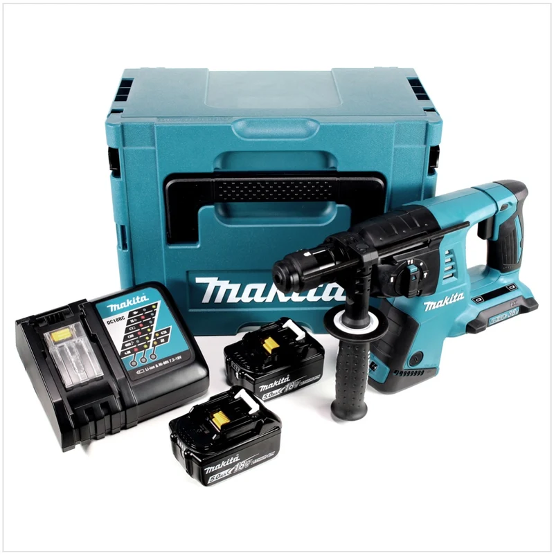 Makita DHR 264 2 x 18 V / 36 V Li-Ion SDS Plus Akku-Bohrhammer in Makpac 4 mit Einlage + 2 x BL 1850 B 18 V 5,0 Ah Li-Ion Akku + 1 x DC18RC Ladegerät + 5 tlg. Hartmetall Bohrer Set für Mauerwerk und Beton