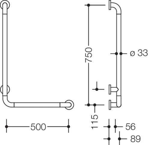 HEWI Winkelgriff Serie 801, 500 x 750 mm, mit 90°-Winkel