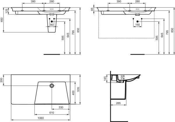 Ideal Standard Möbelwaschtisch La Dolce Vita 1060 mm ohne Hahnloch, Weiß
