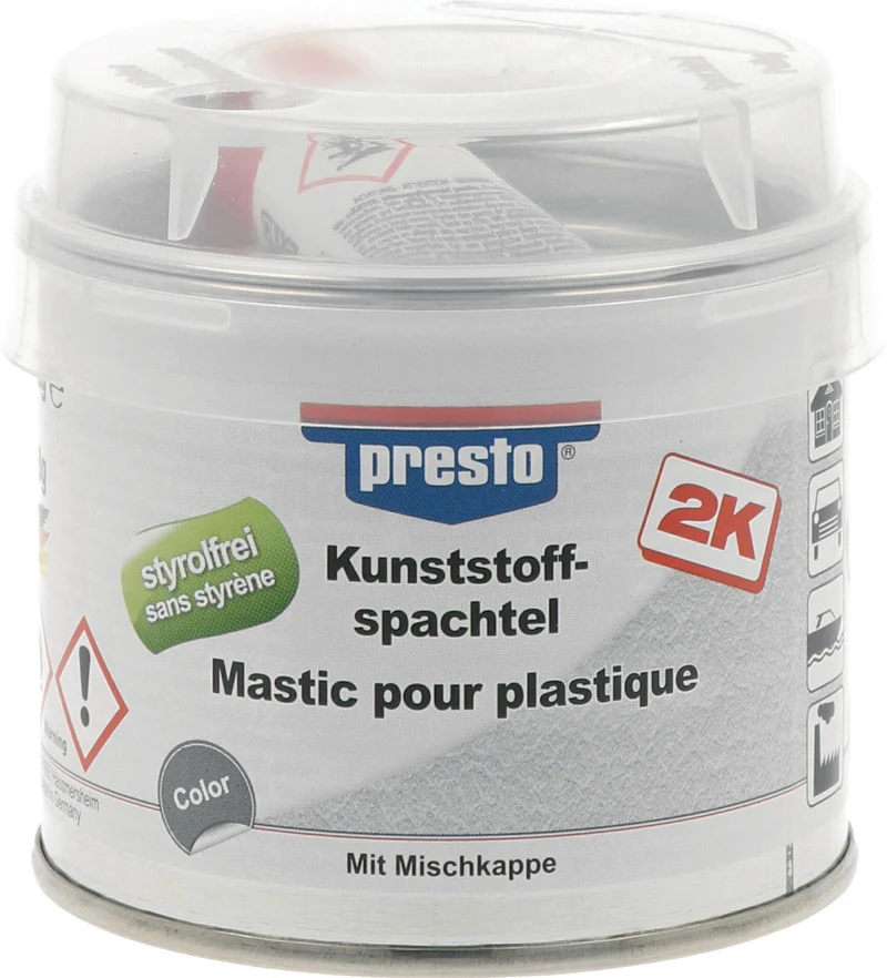PRESTO 2K-Kunststoffspachtel Schwarz mit rotem Härter, 250 g Dose