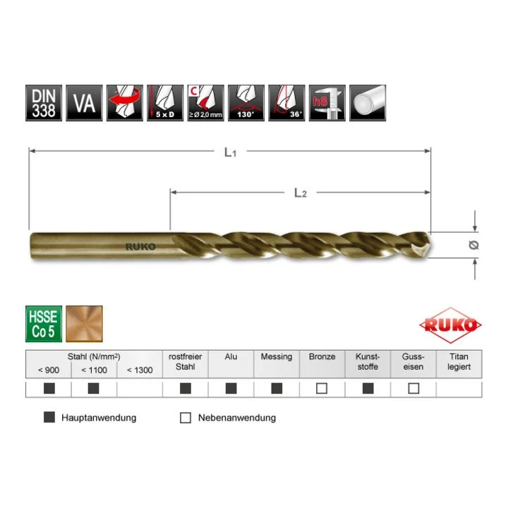 RUKO Spiralbohrer DIN 338 Typ INOX Nenn-Ø 5,1 mm 10 Stück ( 4000600467 )