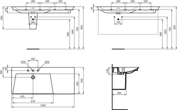 Ideal Standard Möbelwaschtisch La Dolce Vita 1260 mm mit 3 Hahnlöchern, Überlauf und Ablage rechts Weiß