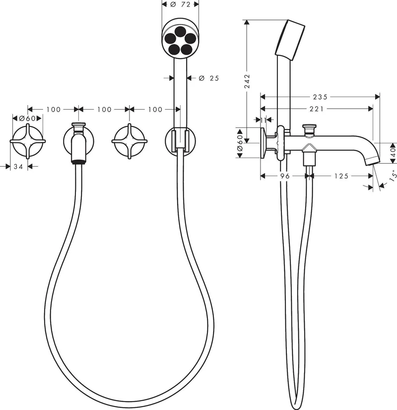 AXOR One 3-Loch Wannenarmatur Unterputz mit Handbrause