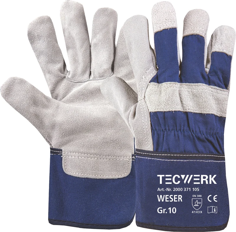 TECWERK Handschuhe Weser Gr. 10 blau EN 388 PSA Kat. II Rindkernspaltleder – 12 Paar
